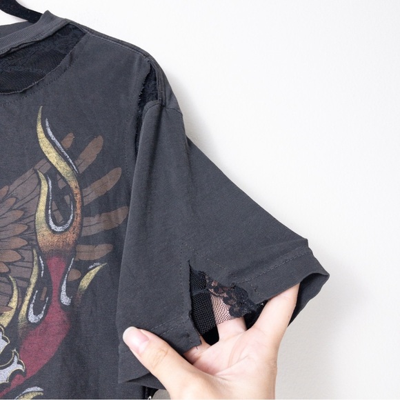 NEW Affliction Speed to Burn Graphic Biker Moto Tee L Black Lace Sheer Grommet - Picture 7 of 9